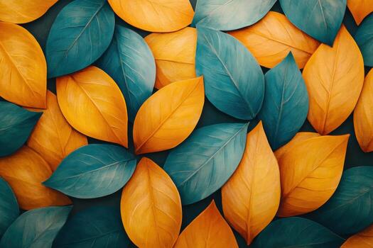 Overlapping Orange and Teal Leaves Creating a Vibrant Natural Background for Design Use photo