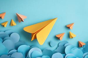 A Paper Plane Flying Upward with Other Planes Falling Down Demonstrates Optimism and Innovation photo