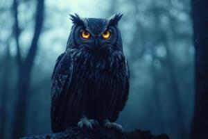 A Majestic Owl Perched in a Mystical Dark Forest with Glowing Elements for Nature Concepts photo