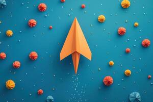 Dynamic Paper Plane Soaring Upward Amidst Falling Paper, Symbolizing Creativity and Freedom photo