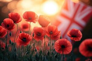 Red Poppies Beside the Union Jack Symbolizing Remembrance and Patriotism photo