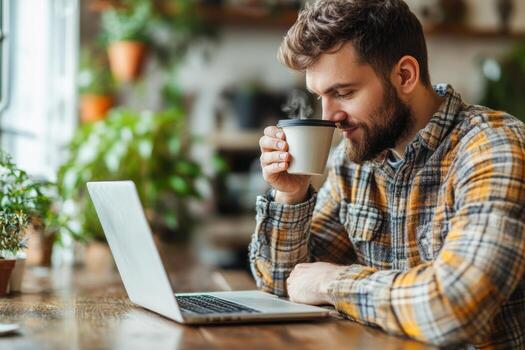 Remote Worker Enjoying a Cozy Coffee Break While Working from Home on a Bright Day photo