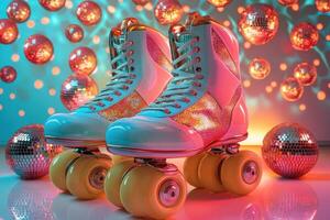 Vibrant Retro Pop Art Roller Skates for Dynamic Disco Culture Vibes photo