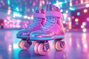 Vibrant Retro Roller Skates Surrounded by Shimmering Disco Balls for Nostalgic Vibes photo