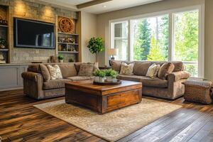 Stylish Hardwood Floor with a Beautiful Area Rug for Interior Design Inspiration photo