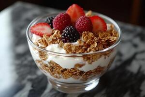 Homemade Granola Mixed with Creamy Yogurt and Fresh Berries for a Healthy Breakfast Option photo