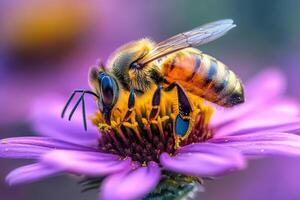 Honeybee Pollinating Bright Echinacea Flower in a Sunny Garden Setting photo