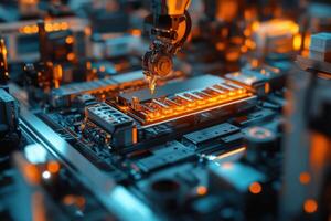 Robotic Arms Assembling Electric Vehicle Batteries in a High-Tech Manufacturing Environment photo