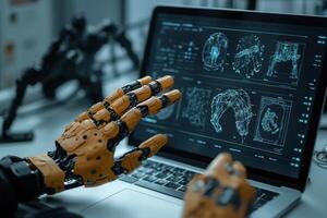 Robotic Hands Interacting with Advanced Technology and Complex Systems photo