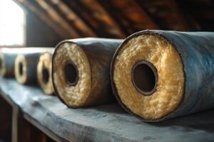 High-Quality Rolls of Fiberglass Insulation Stored in Attic Space for Optimal Energy Efficiency photo