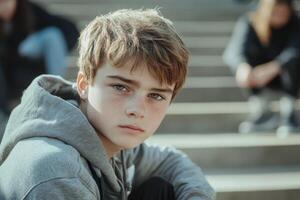 Sad Boy Sitting Alone on School Stairs Reflecting on Loneliness and Isolation photo