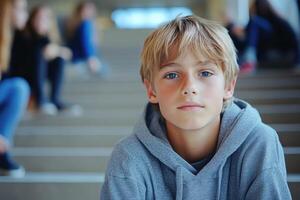 Emotional representation of a lonely boy sitting alone on school stairs reflecting on his thoughts and feelings photo