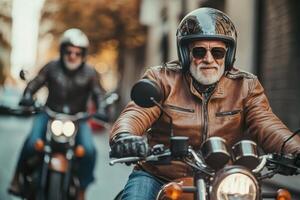 Seniors Enjoying an Exhilarating Motorcycle Ride in Scenic Countryside photo