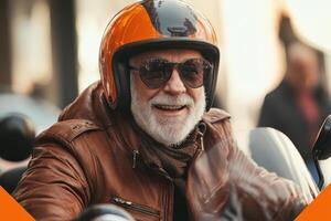 Seniors Enjoying a Thrilling Motorcycle Ride Together on a Sunny Day photo