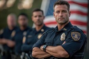 Serious Police Officers Standing Together in Uniform Ready for Duty photo
