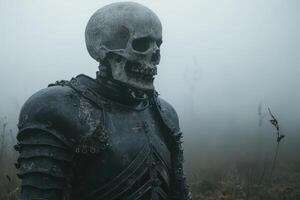 A Mysterious Skeleton in Armor Standing in a Foggy Field Ideal for Fantasy Themes and Creative Projects photo