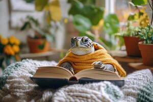 Small Turtle Reading a Book in a Cozy Room Perfect for Relaxation and Learning photo