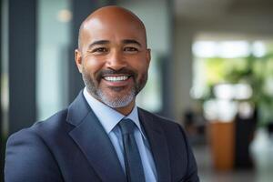 Smiling Businessman in a Modern Office Setting for Corporate Promotion and Marketing photo