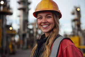 Smiling Female Engineer Wearing Safety Gear at a Job Site Ready to Overcome Any Challenge Ahead photo