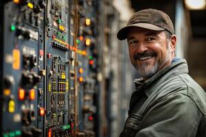 Smiling Electrical Engineer Posing Confidently in a Modern Office Setting for Professional Use photo