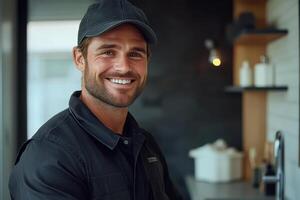 Smiling Plumber in Uniform Providing Quality Plumbing Services for Homeowners photo