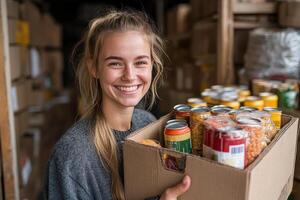 Smiling Volunteer Holding a Box of Canned Food for Community Support and Charity Events photo