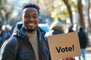 Smiling Young Man Holding a Vote Sign for Encouraging Civic Engagement and Participation photo