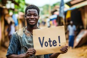 Engaging Young Man Smiling While Holding a Vote Sign for Civic Engagement Awareness photo
