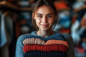 Empathetic Social Worker Attending a Donation Event with Clothing Items for Those in Need photo