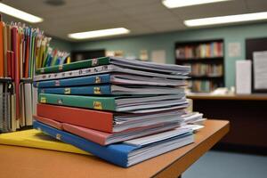 A Comprehensive View of Homework Stacks on a Teacher's Desk for Educational Contexts photo
