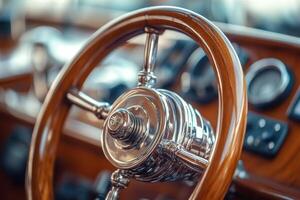 Elegant Steering Wheel of a Luxury Yacht Perfect for Maritime Enthusiasts and Designers photo