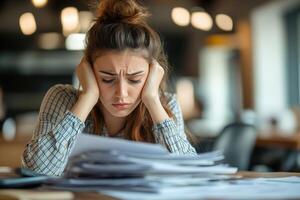 Stressed Worker Overwhelmed by a Pile of Paperwork in the Office Environment photo