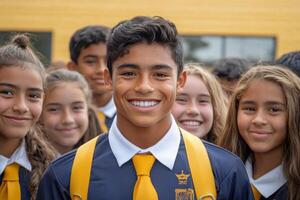 Students in School Uniforms Smiling Together Outside for a Fun Experience photo