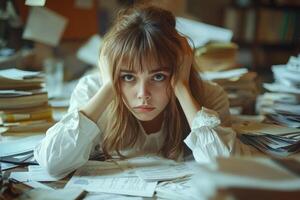 Stressed Young Woman Overwhelmed with Bills Representing Financial Burden photo