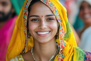 Joyful Woman in Colorful Festive Attire Smiling at a Celebration Event photo