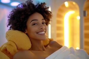 Woman Enjoying a Relaxing Experience in an Infrared Sauna for Wellness and Health Benefits photo