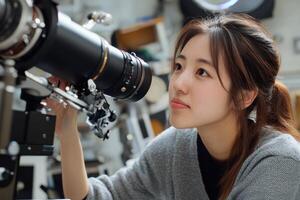 Woman Observing Celestial Bodies Using Telescope with Satellite Technology for Astrophotography photo
