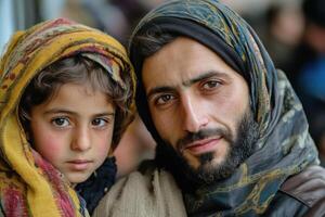 Worried Refugee Family Seeking Shelter A Heartfelt Image of Despair and Hope photo