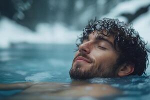 Young Man Taking an Ice Bath for Recovery and Performance Boosting During Athletic Training photo