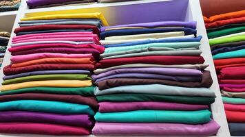 A Vibrant and Colorful Stack of Various Fabric Rolls in a Craft Store photo