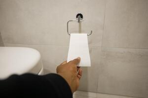 A Hand Reaching for the Toilet Paper Roll in the Bathroom Space photo