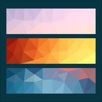 A set of three abstract banners featuring gradient polygonal designs in pastel, warm, and cool color schemes, ideal for modern web and graphic design projects. vector