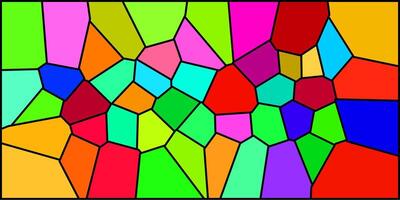 Vivid abstract mosaic pattern with multicolored irregular shapes outlined in black, creating a playful and dynamic stained glass effect. vector
