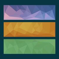 A set of three low-poly abstract banners in blue, orange, and green tones, featuring geometric polygonal designs and a minimalist modern style, perfect for versatile branding. vector