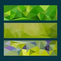 A set of three abstract banners featuring gradient polygonal designs in various shades of green, yellow, and purple, ideal for modern web and graphic design projects. vector