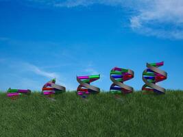 Side view of DNA double helices growing through rendered grass. photo