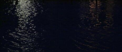 Reflections of yellow and white light on water in the night. photo