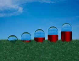 Side view of medinical pills growing through rendered grass. photo