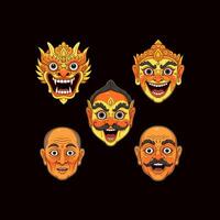 An illustration showcasing a set of five Balinese masks with varied expressions and ornate details. vector