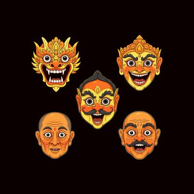 An illustration showcasing a set of five Balinese masks with varied expressions and ornate details.